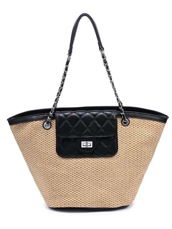 Handbags - Landon Women's Natural Woven Straw Tote with Black Quilted Accent